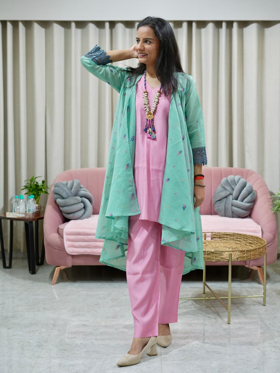 Silk Kurta Pant with Woven Chanderi Asymmetrical Jacket