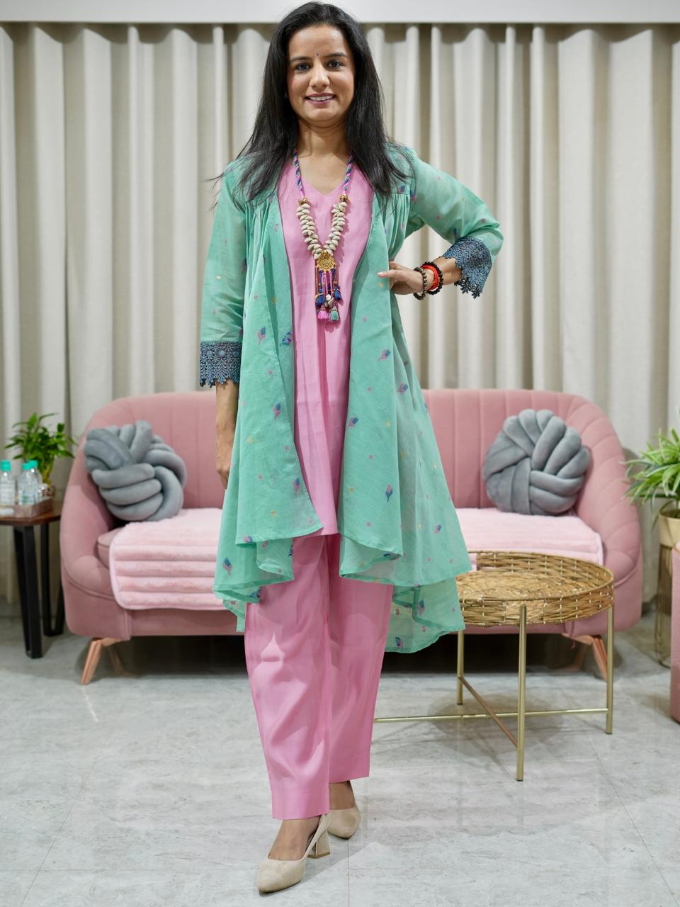 Silk Kurta Pant with Woven Chanderi Asymmetrical Jacket