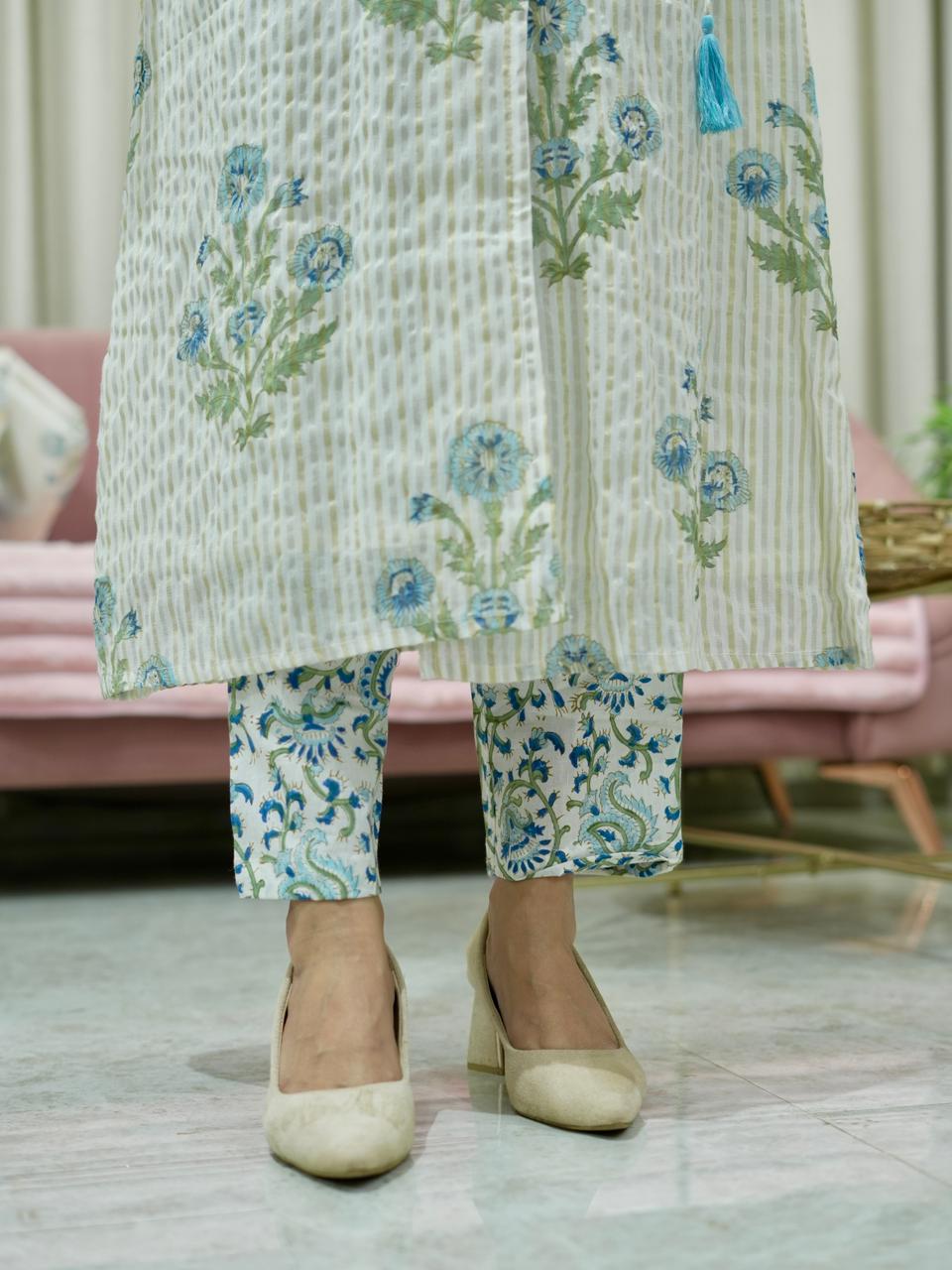 Hand Block Printed Chanderi Tissue Angrakha Suit Set