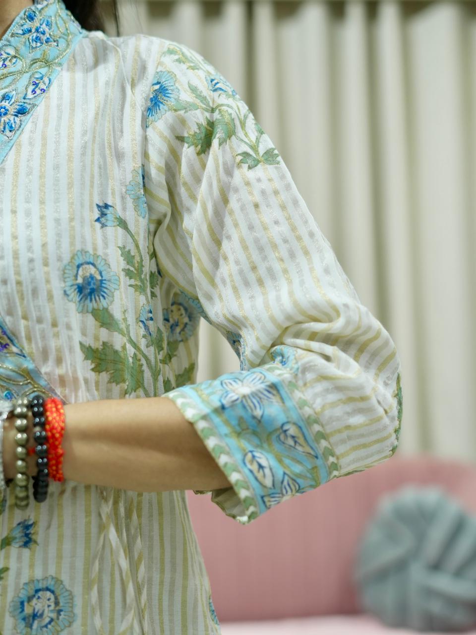 Hand Block Printed Chanderi Tissue Angrakha Suit Set