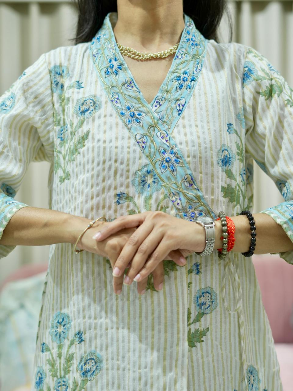 Hand Block Printed Chanderi Tissue Angrakha Suit Set