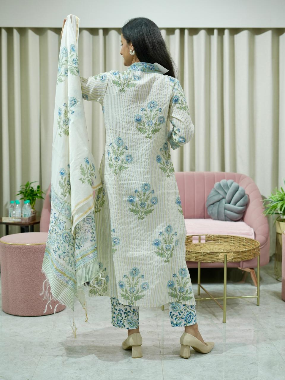 Hand Block Printed Chanderi Tissue Angrakha Suit Set