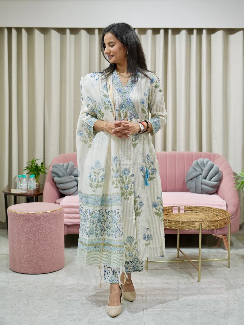 Hand Block Printed Chanderi Tissue Angrakha Suit Set