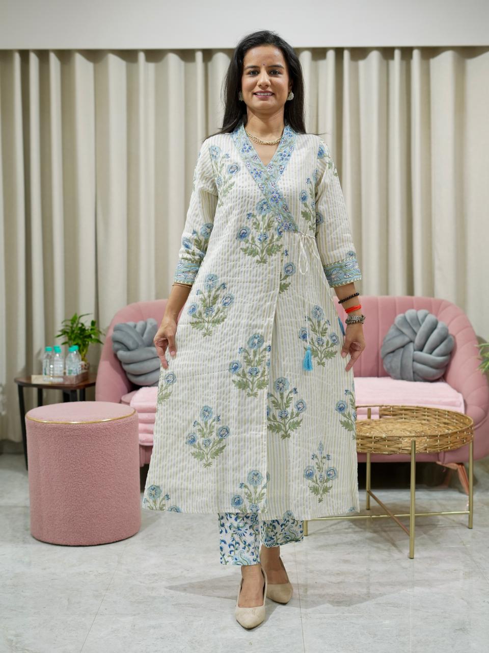 Hand Block Printed Chanderi Tissue Angrakha Suit Set