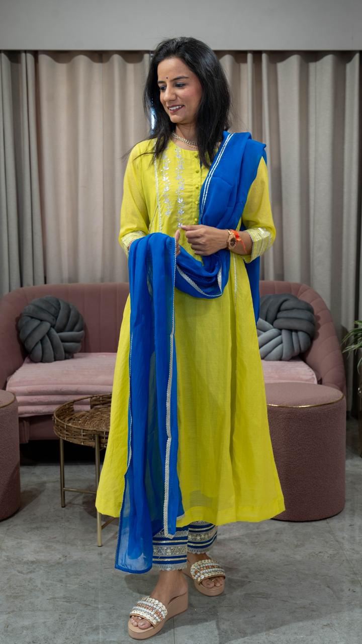 Mul Chanderi A line suit with Organza Dupatta and heavy Work