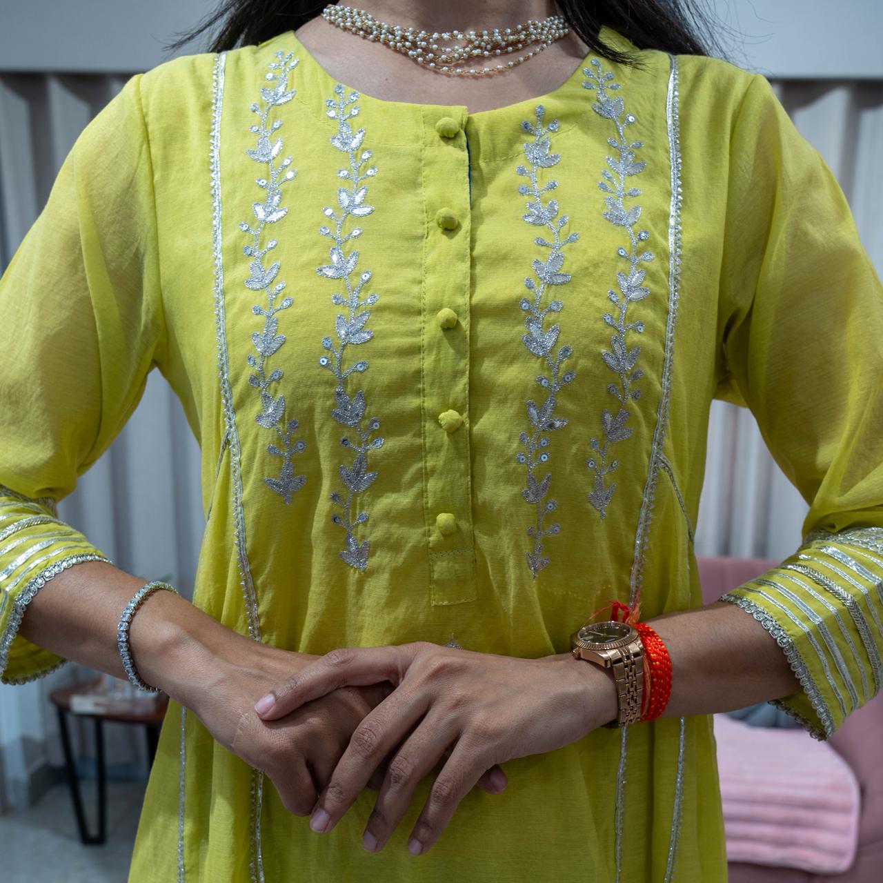 Mul Chanderi A line suit with Organza Dupatta and heavy Work