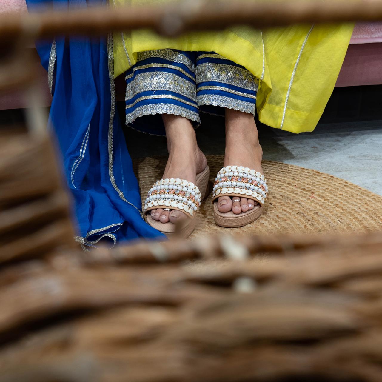Mul Chanderi A line suit with Organza Dupatta and heavy Work