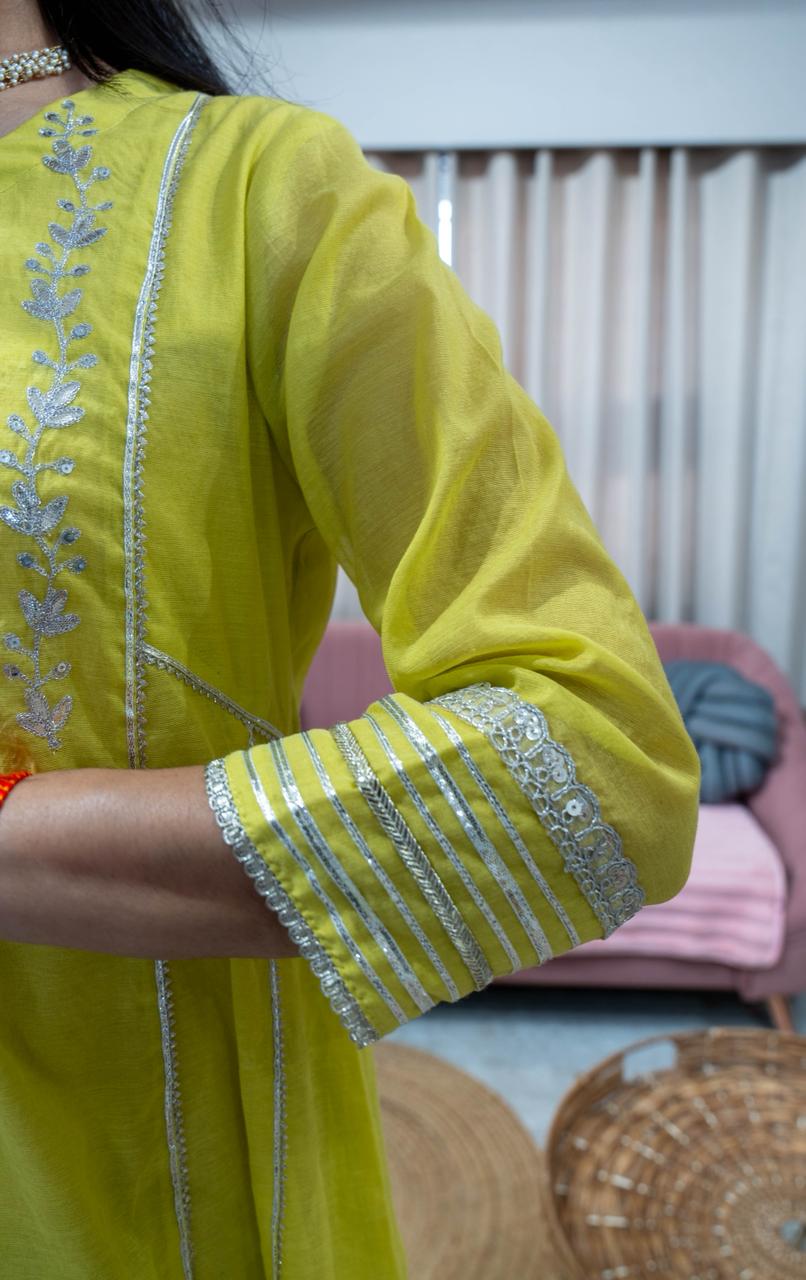 Mul Chanderi A line suit with Organza Dupatta and heavy Work