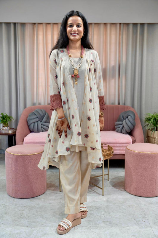 Pure Woven Chanderi Indowestern Set with statement Neckpiece