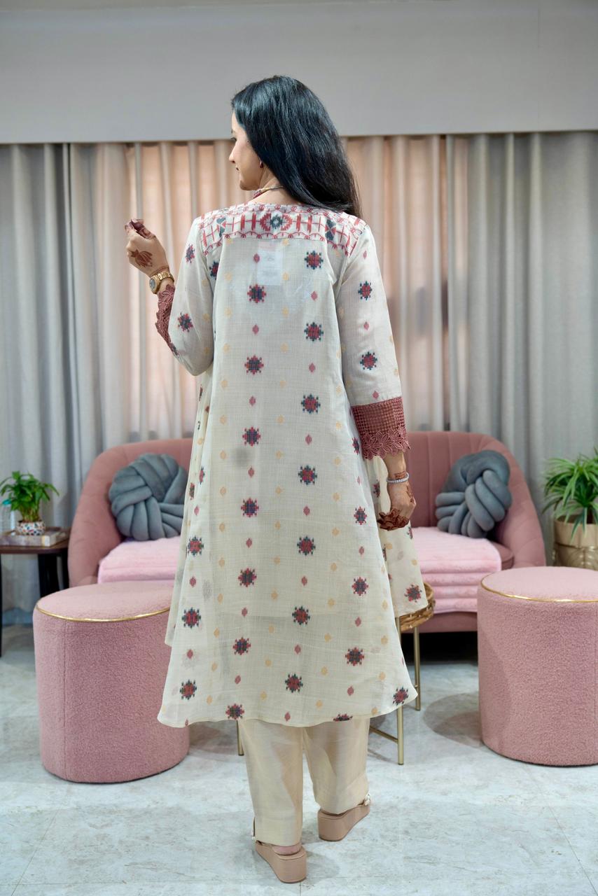 Pure Woven Chanderi Indowestern Set with statement Neckpiece