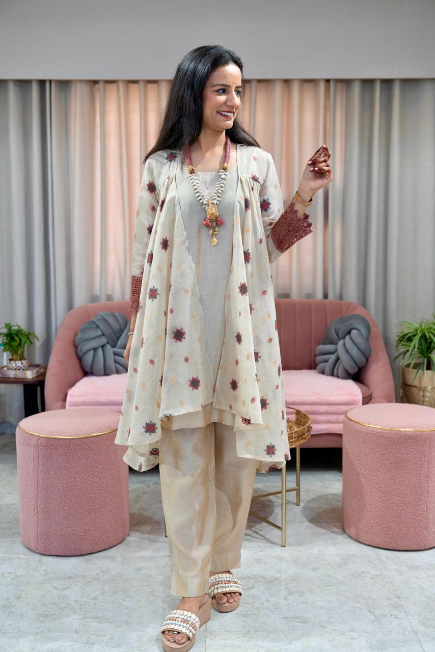 Pure Woven Chanderi Indowestern Set with statement Neckpiece