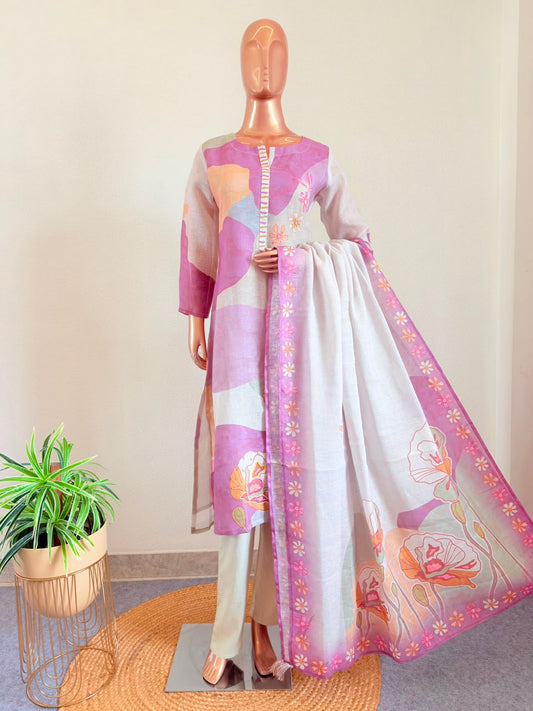 Color-Blocked Abstract Print Linen Suit Set with Embroidery