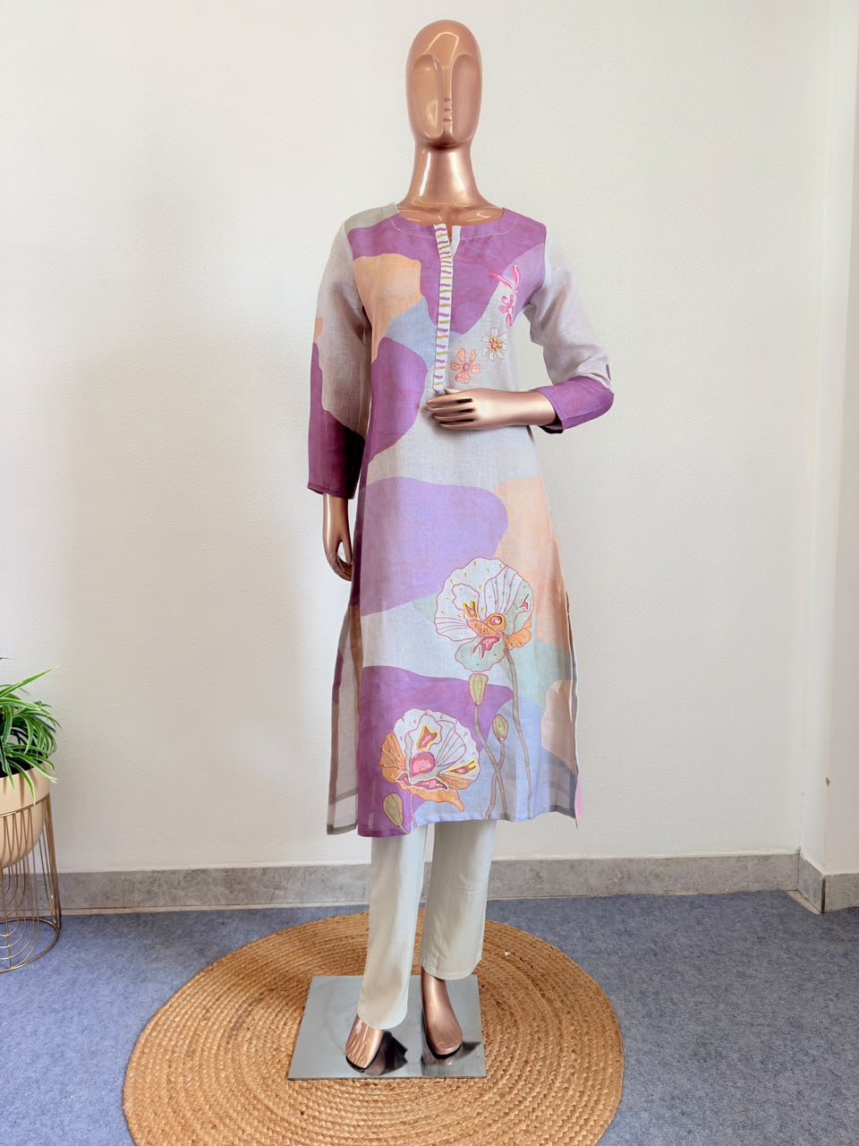 Color-Blocked Abstract Print Linen Suit Set with Embroidery