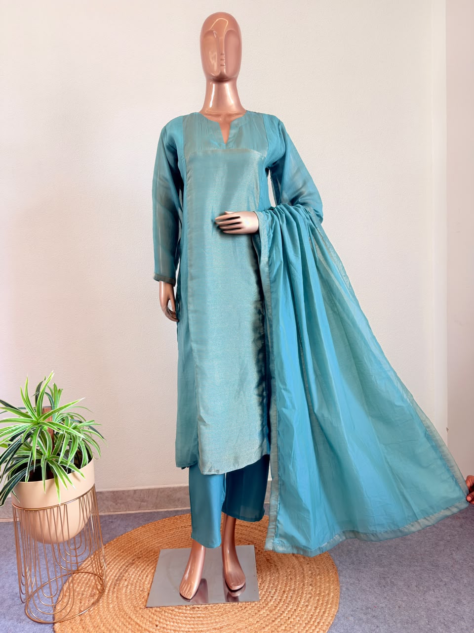 Mul CHanderi Suit Set with Metallic Panel & Matching Dupatta