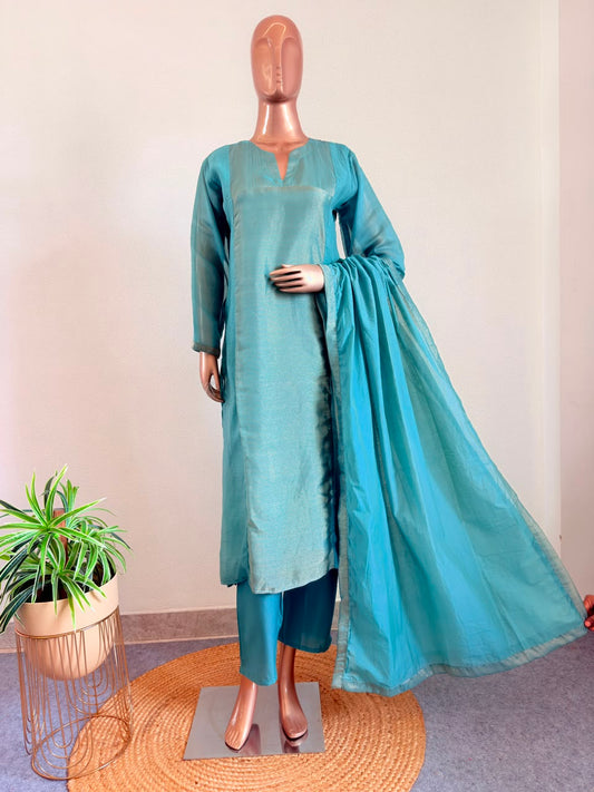 Mul CHanderi Suit Set with Metallic Panel & Matching Dupatta