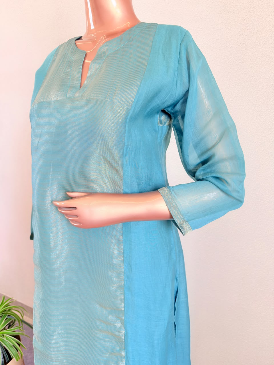 Mul CHanderi Suit Set with Metallic Panel & Matching Dupatta