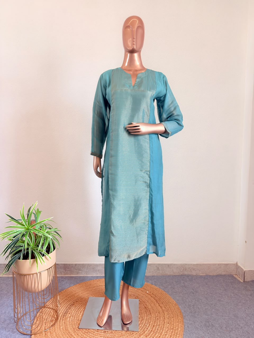 Mul CHanderi Suit Set with Metallic Panel & Matching Dupatta
