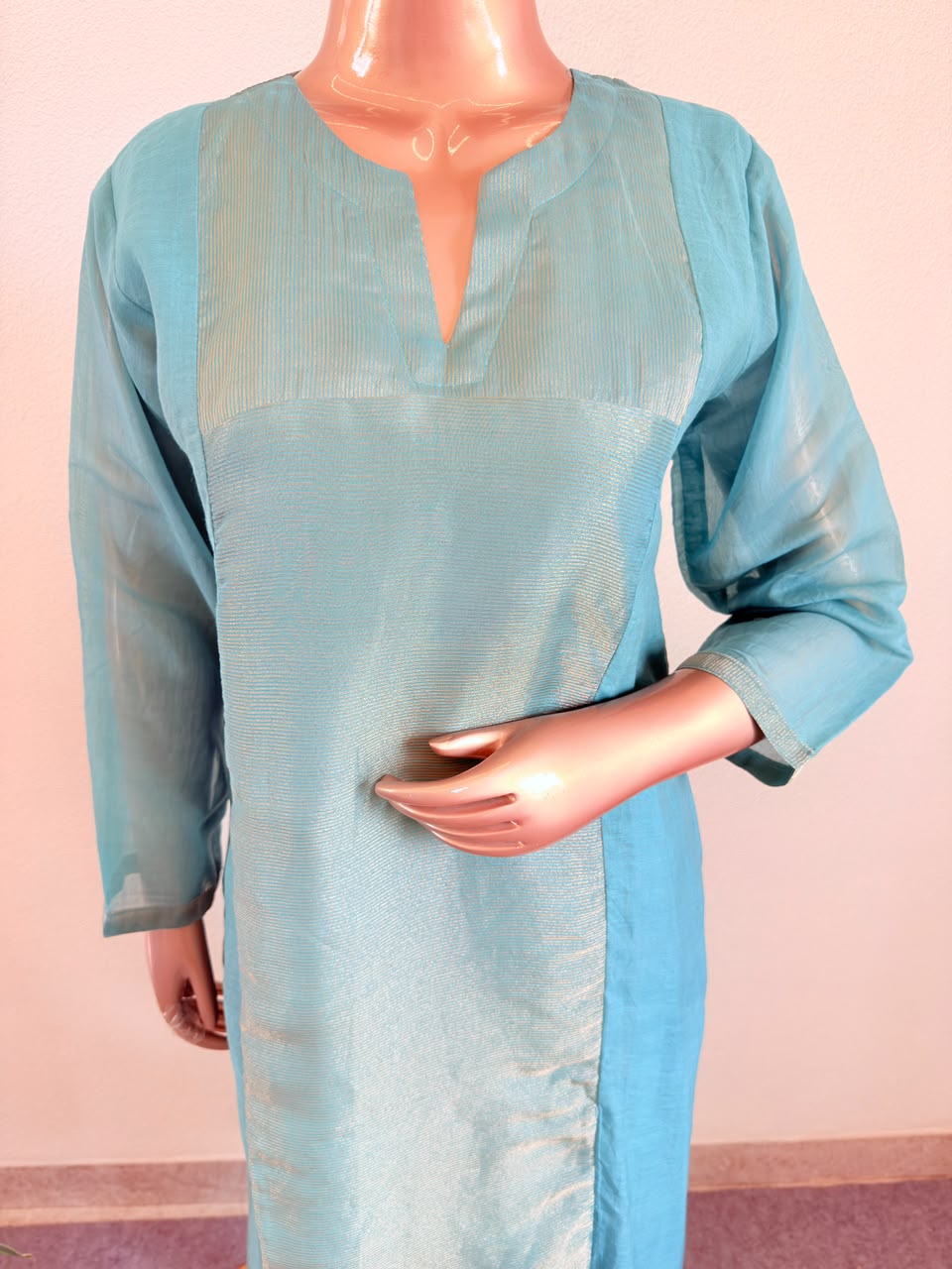 Mul CHanderi Suit Set with Metallic Panel & Matching Dupatta