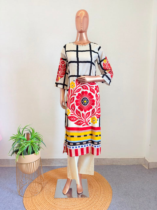 Geometric Grid Mul Cotton Kurta Pant Set with Hand-Embellished Neckline