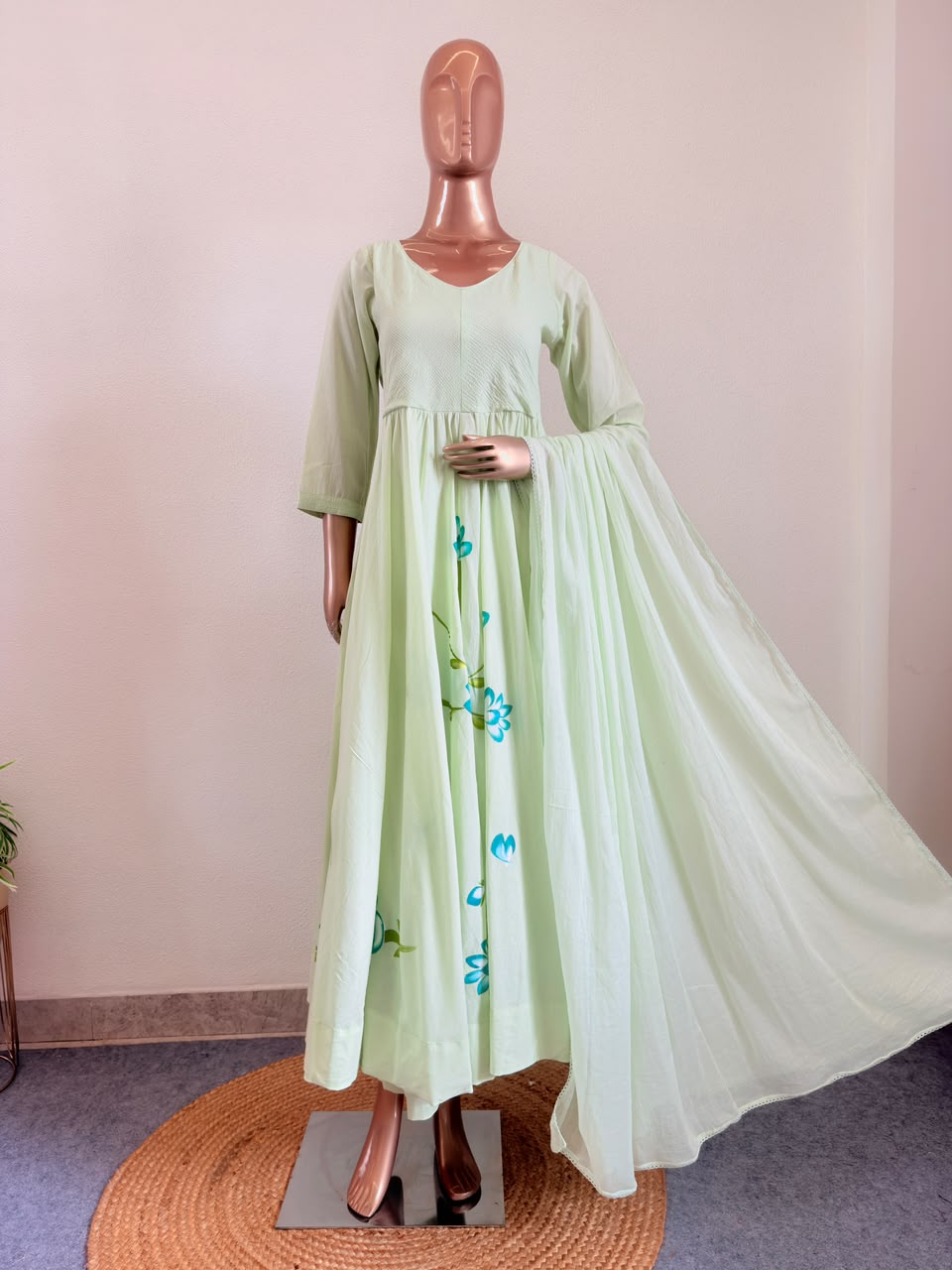 Hand Painted Pure Cotton Flared Frock Suit