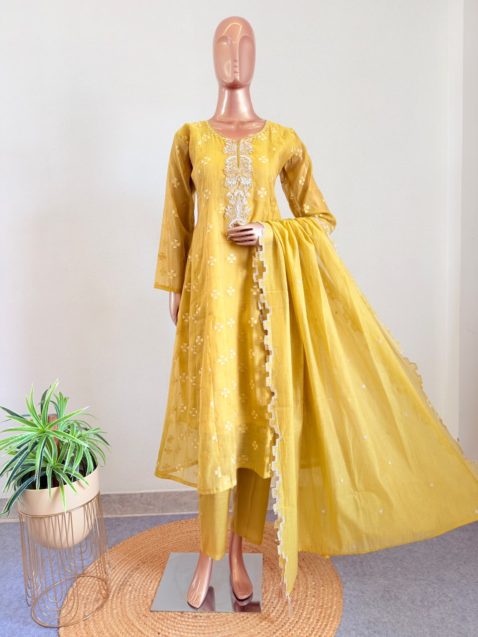 Embroidered Neckline Chanderi Suit Set with Geometric Scalloped Dupatta