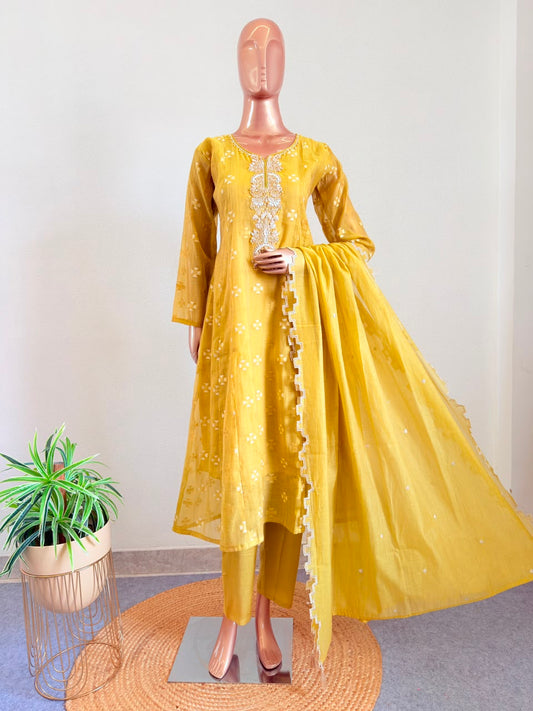 Embroidered Neckline Chanderi Suit Set with Geometric Scalloped Dupatta