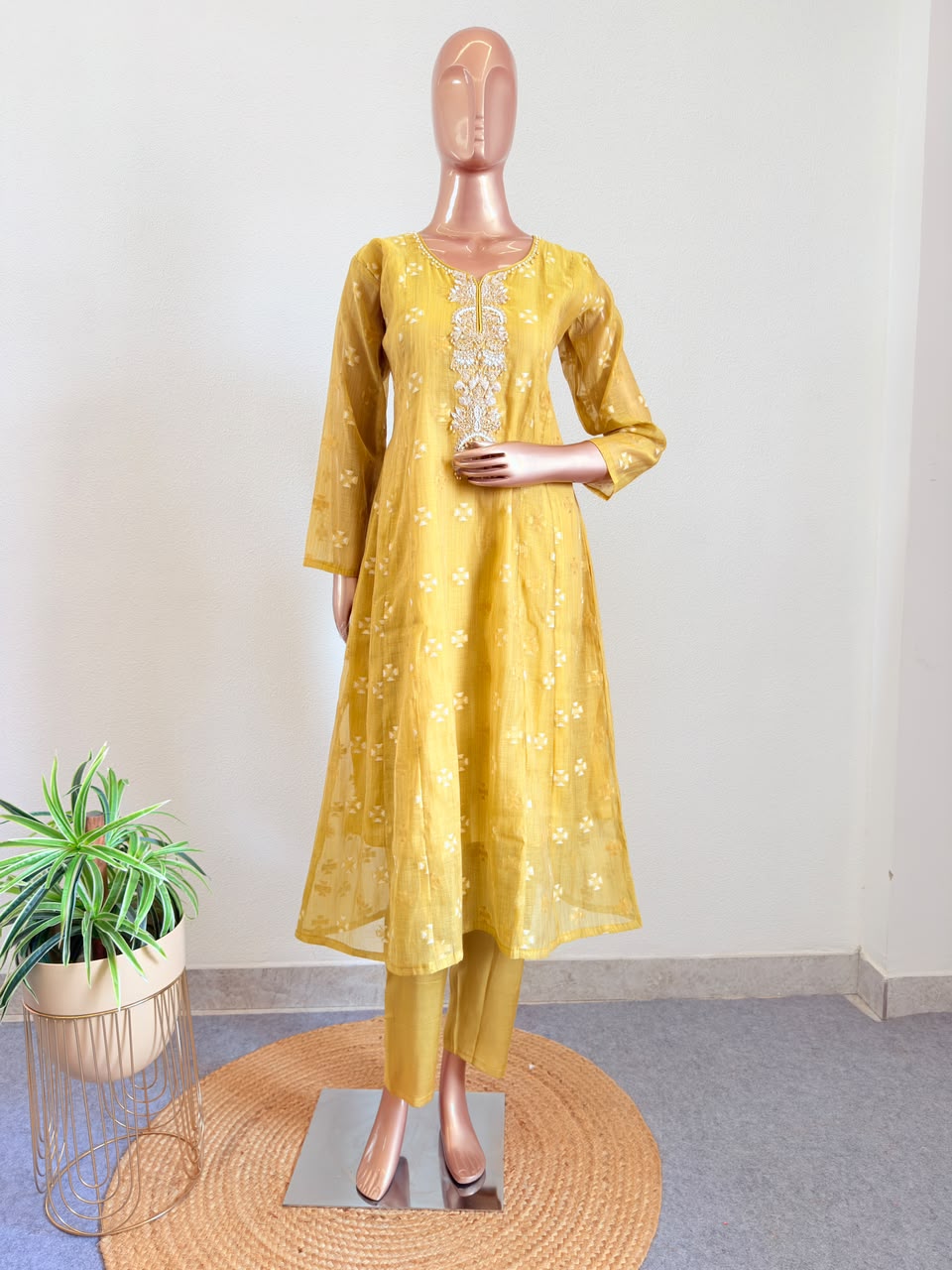 Embroidered Neckline Chanderi Suit Set with Geometric Scalloped Dupatta