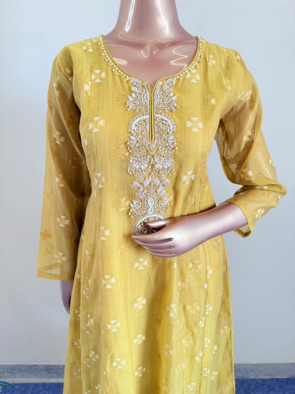 Embroidered Neckline Chanderi Suit Set with Geometric Scalloped Dupatta