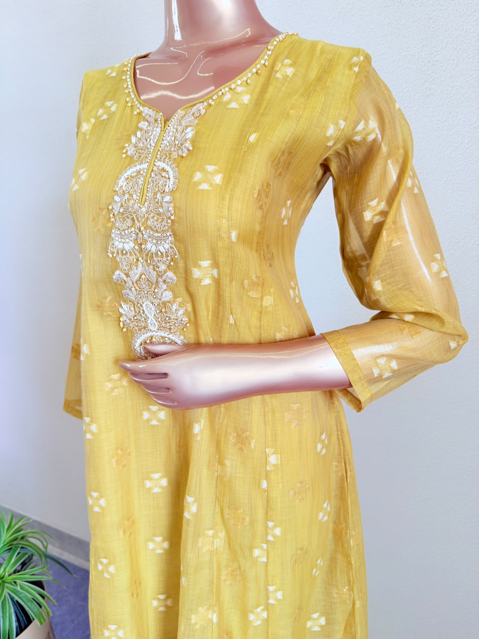 Embroidered Neckline Chanderi Suit Set with Geometric Scalloped Dupatta