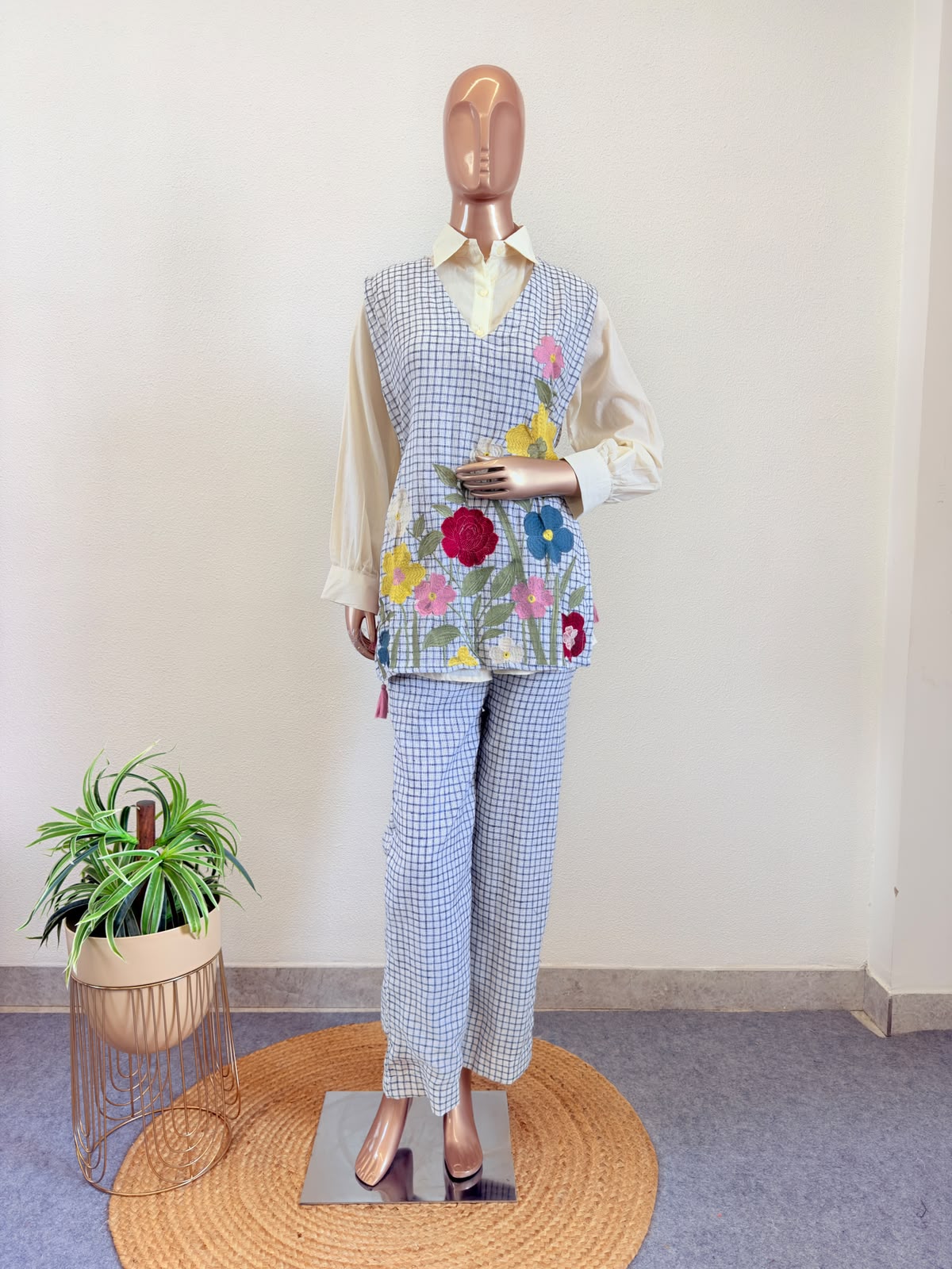 Grid-Print Jute Co-Ord Set with Vibrant Floral Embroidery and Button-Down Shirt