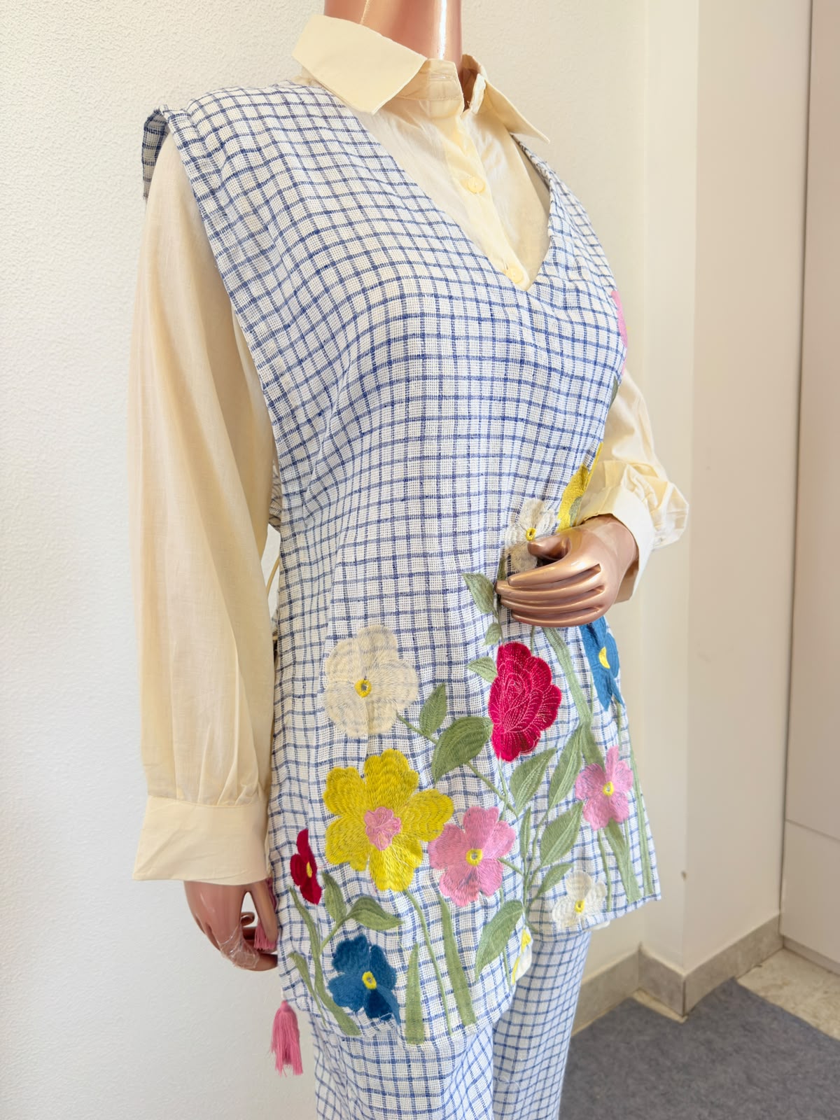 Grid-Print Jute Co-Ord Set with Vibrant Floral Embroidery and Button-Down Shirt