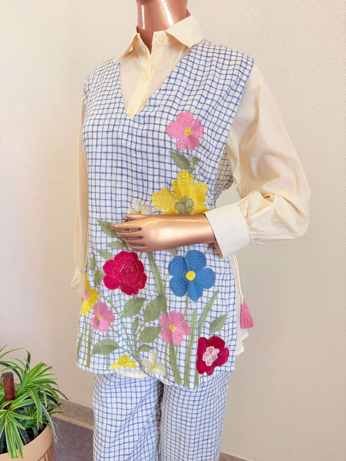 Grid-Print Jute Co-Ord Set with Vibrant Floral Embroidery and Button-Down Shirt