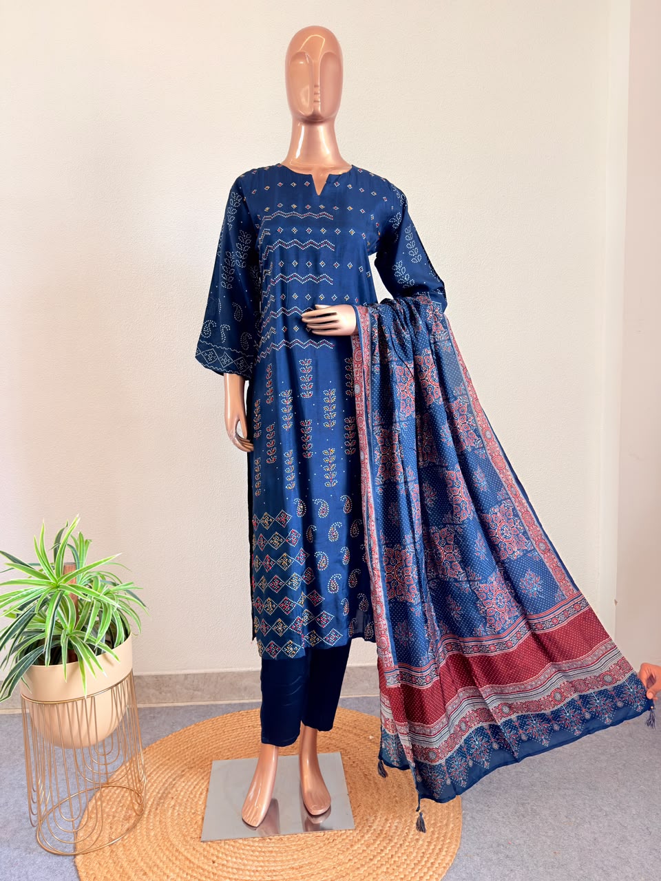 Traditional Print Dola Silk Suit with Handwork & Ajrakh Dupatta