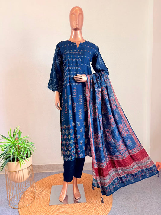 Traditional Print Dola Silk Suit with Handwork & Ajrakh Dupatta