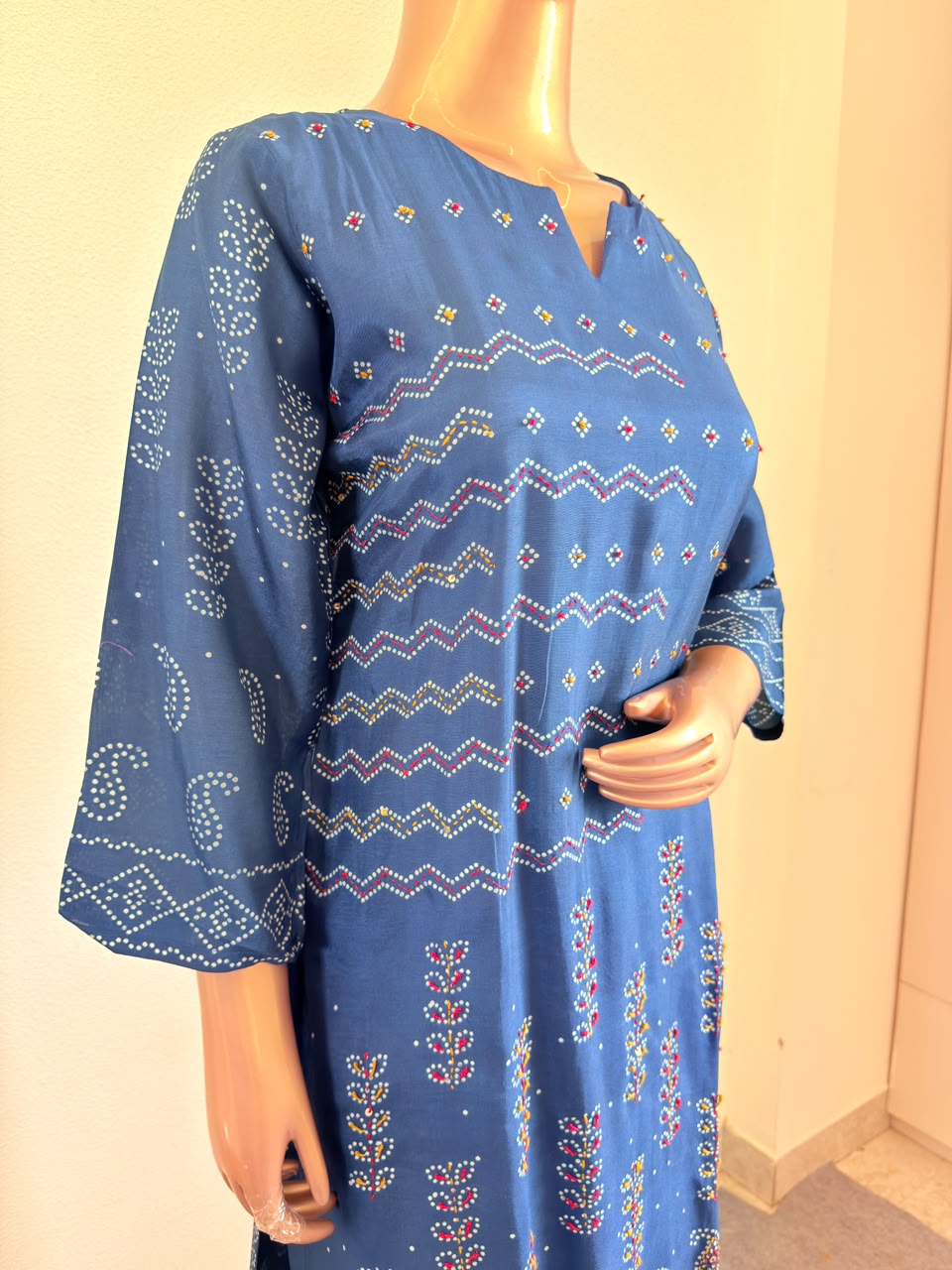 Traditional Print Dola Silk Suit with Handwork & Ajrakh Dupatta