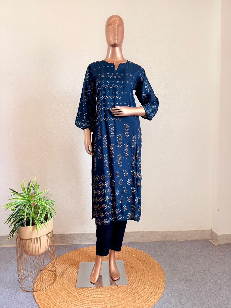 Traditional Print Dola Silk Suit with Handwork & Ajrakh Dupatta