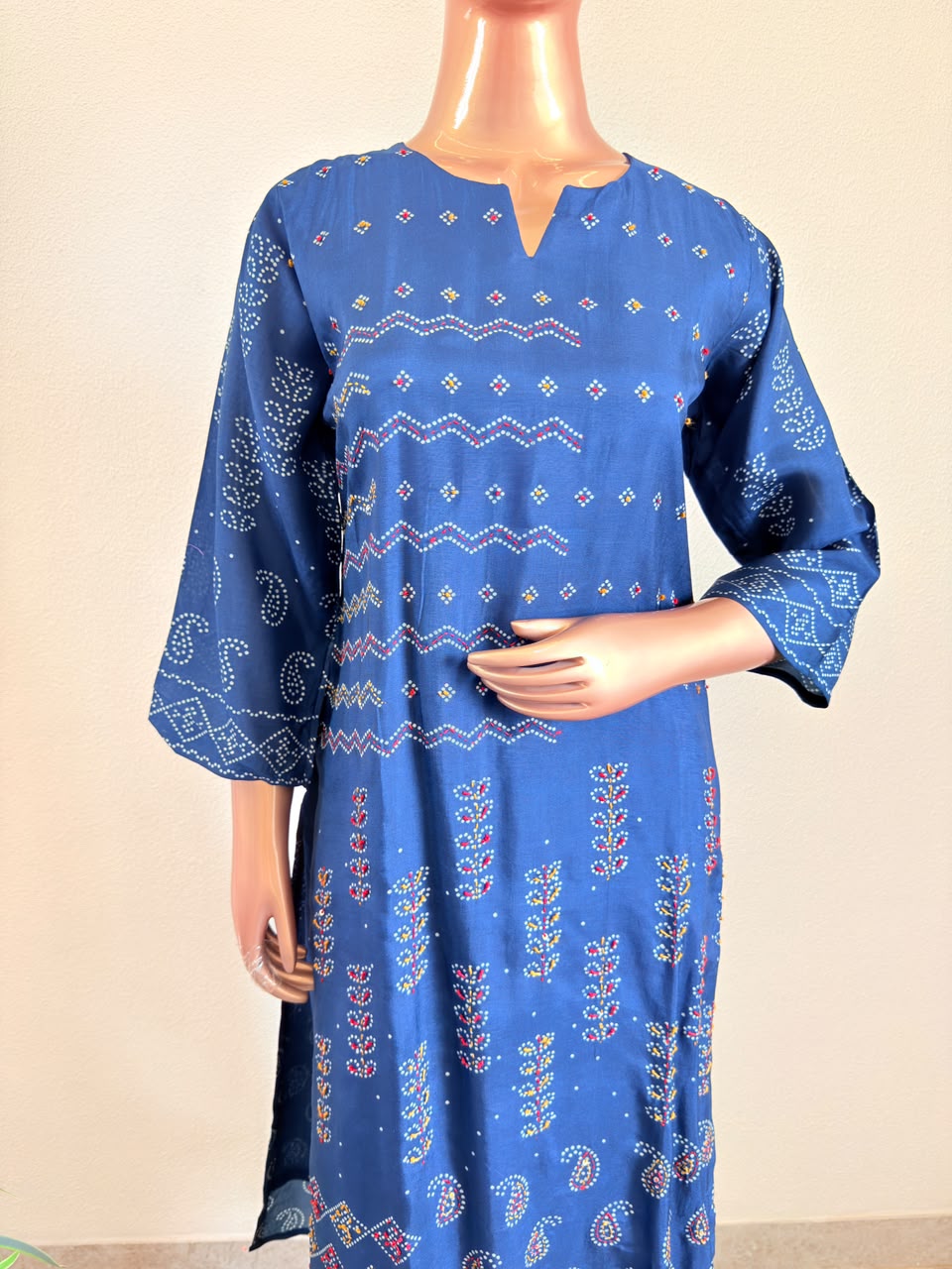 Traditional Print Dola Silk Suit with Handwork & Ajrakh Dupatta