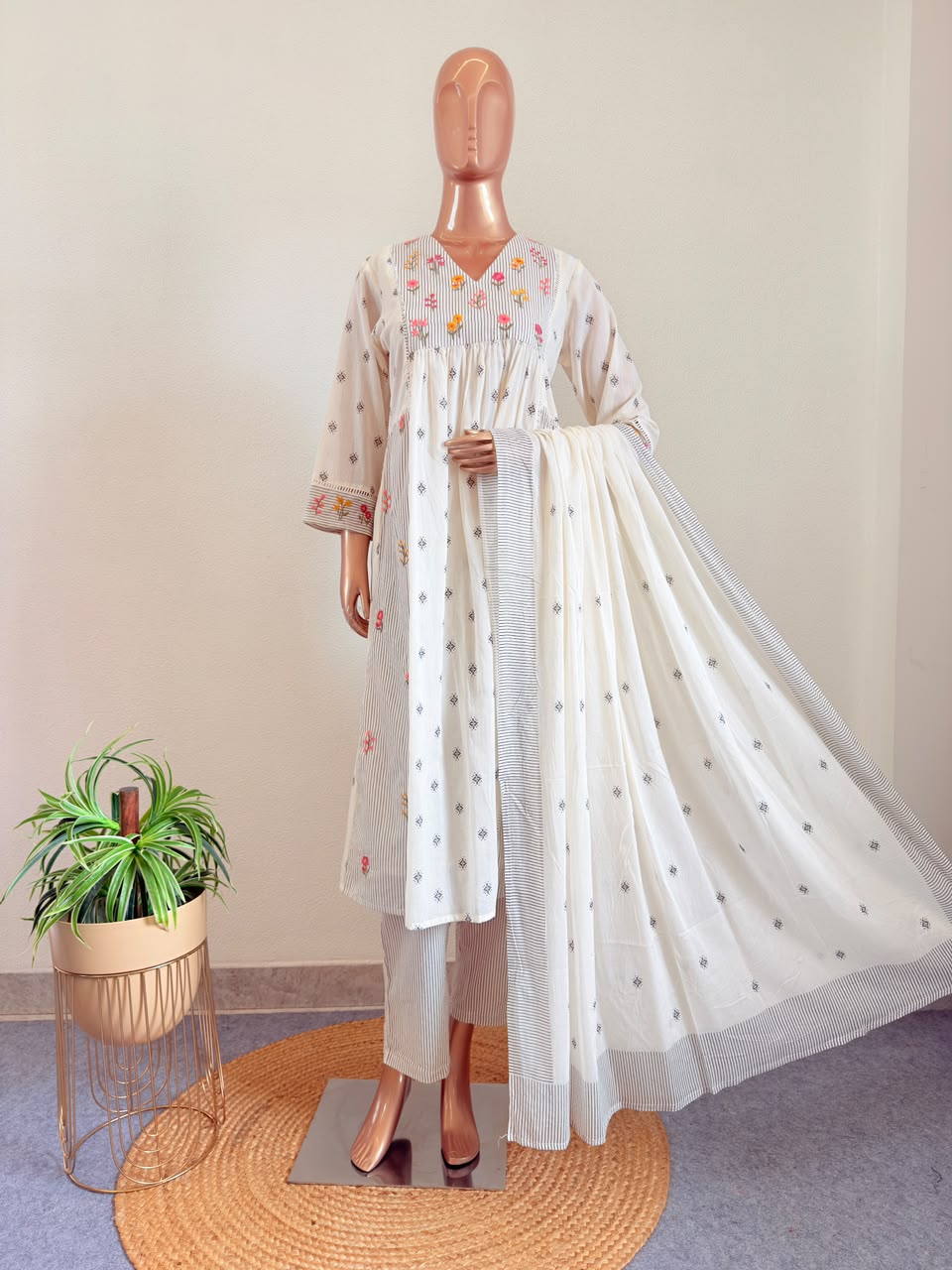 Mul Cotton A- Line Suit with Embroidered Yolk