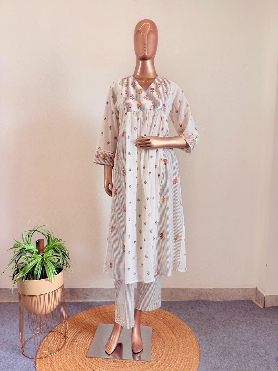 Mul Cotton A- Line Suit with Embroidered Yolk