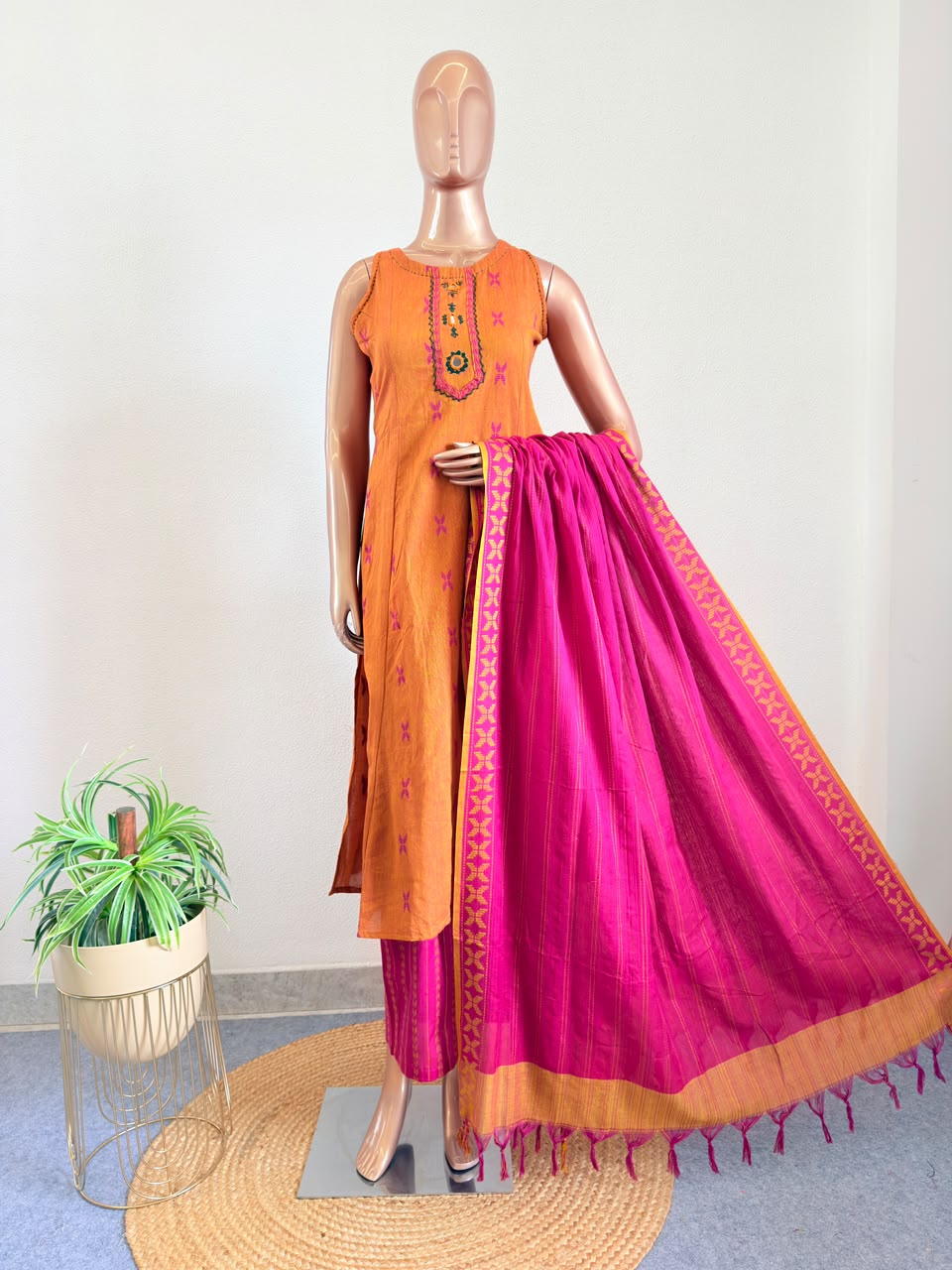 Mangalgiri Ochre Suit Set with Palazzo and Contrast Dupatta (Extra Sleeves Given)