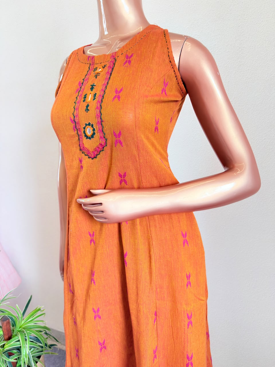 Mangalgiri Ochre Suit Set with Palazzo and Contrast Dupatta (Extra Sleeves Given)