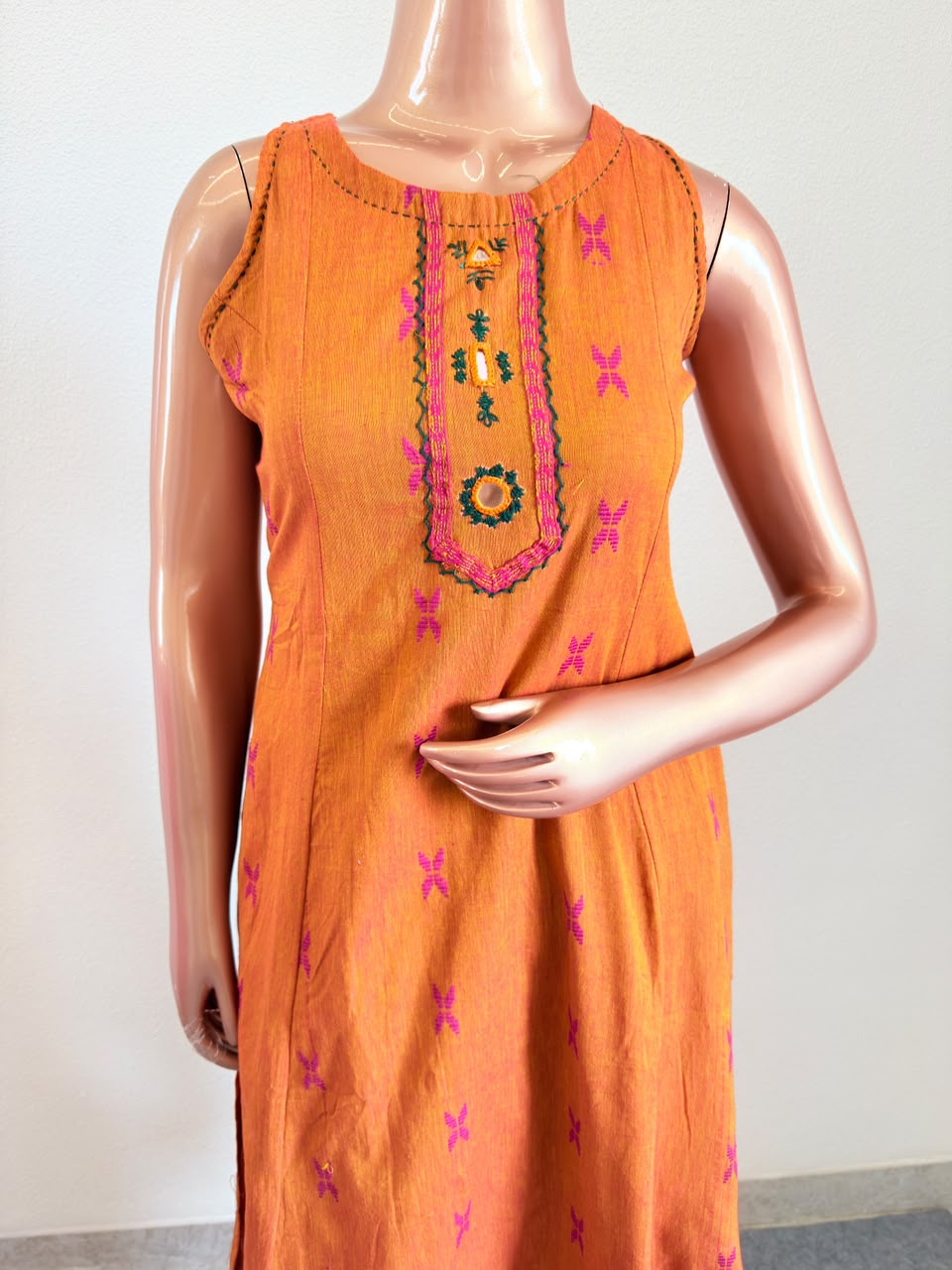 Mangalgiri Ochre Suit Set with Palazzo and Contrast Dupatta (Extra Sleeves Given)