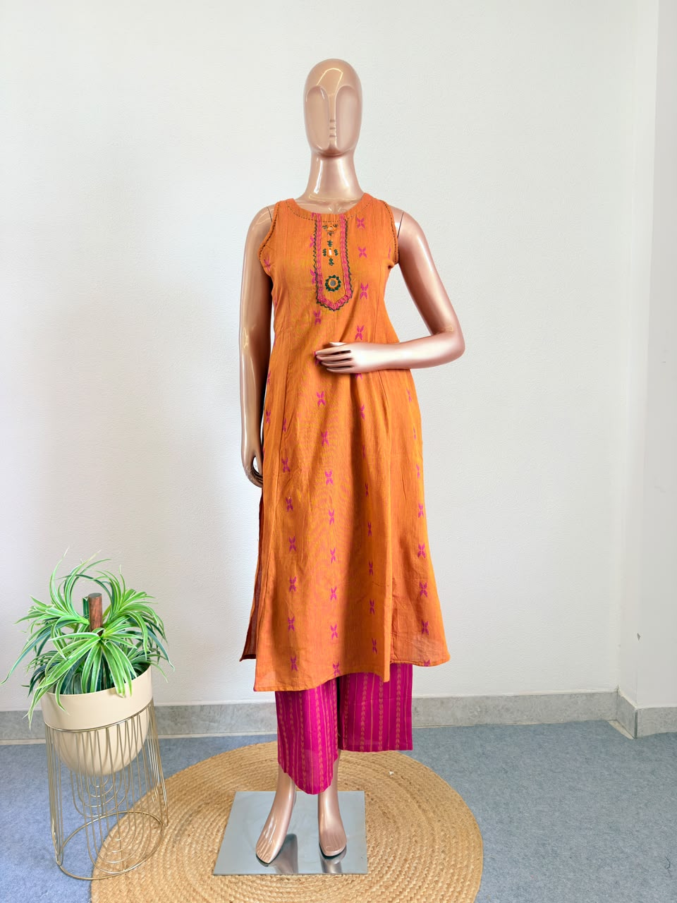 Mangalgiri Ochre Suit Set with Palazzo and Contrast Dupatta (Extra Sleeves Given)
