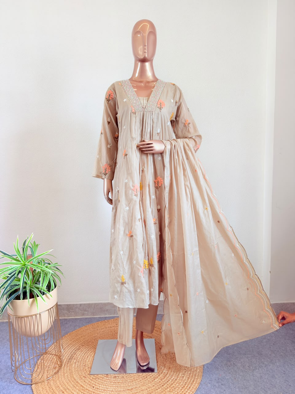 V-Neck Mul Chanderi Suit Set with Embroidered Border Dupatta