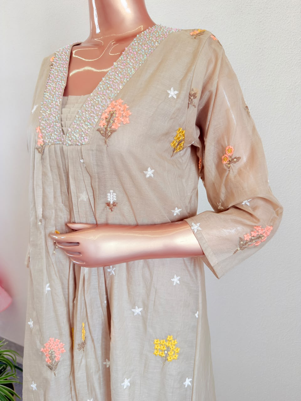 V-Neck Mul Chanderi Suit Set with Embroidered Border Dupatta