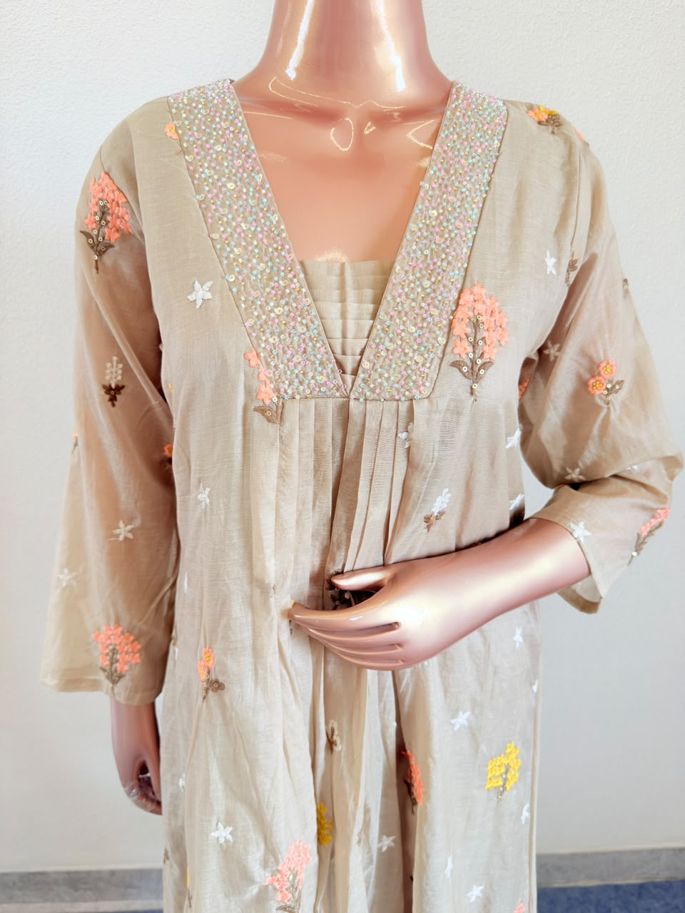 V-Neck Mul Chanderi Suit Set with Embroidered Border Dupatta