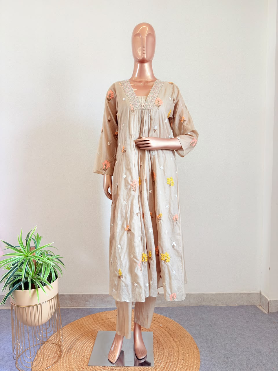 V-Neck Mul Chanderi Suit Set with Embroidered Border Dupatta