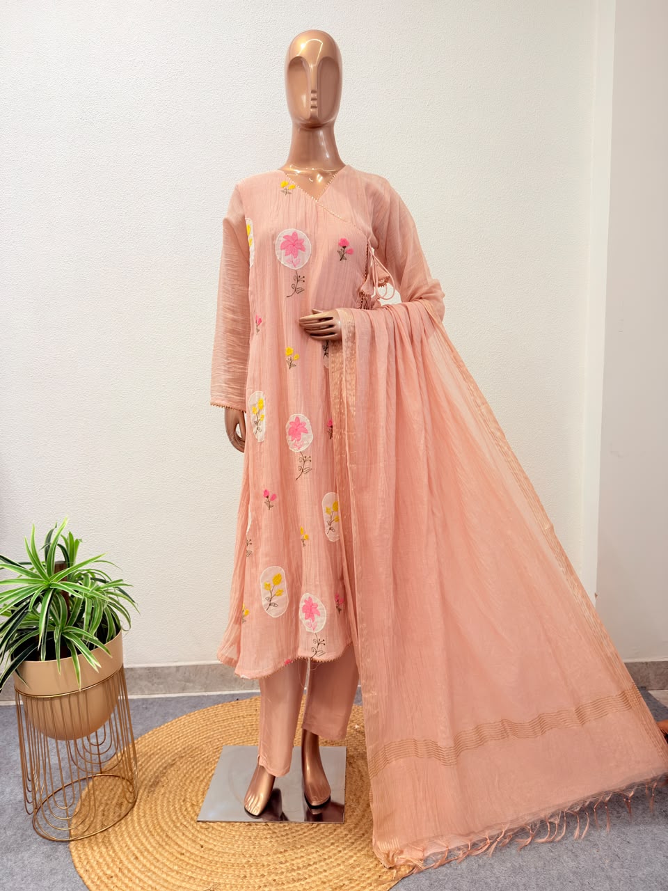 Floral Motif Angrakha Suit Set with Tassel Details and Dupatta