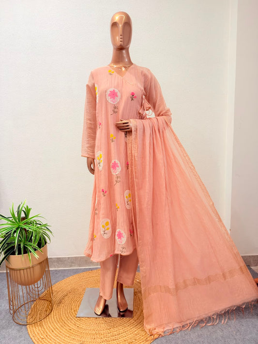 Floral Motif Angrakha Suit Set with Tassel Details and Dupatta