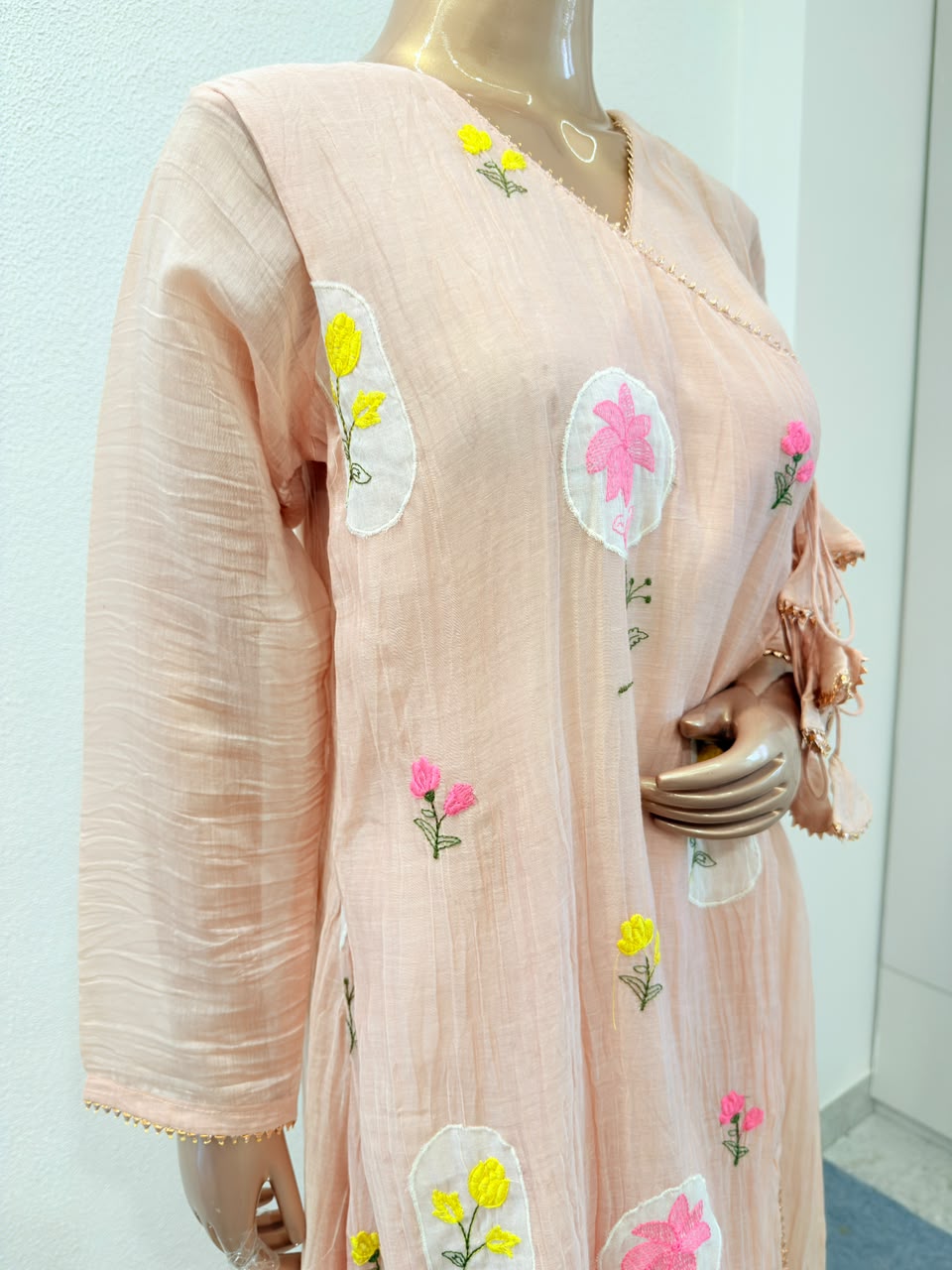 Floral Motif Angrakha Suit Set with Tassel Details and Dupatta